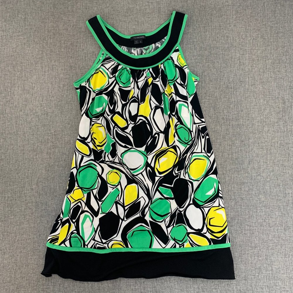 My Michelle Shift Dress Bright Green Yellow White Black Round Neck Sleeveless S